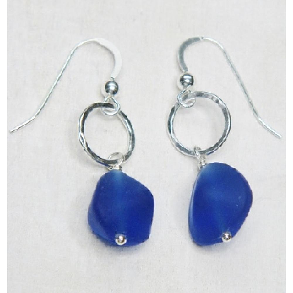 Cultured Sea Glass Nugget Hammered Ring Earring -Cobalt