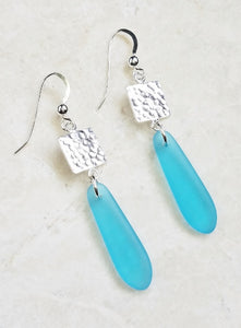 Cultured Sea Glass Hammered Tile Earring -Turquoise