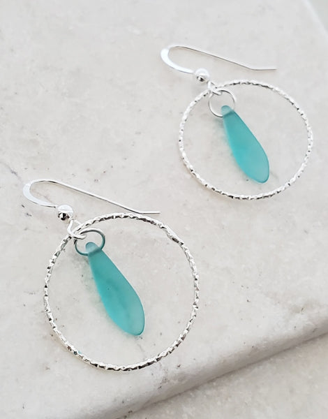 Cultured Sea Glass w/ Diamond Cut Hoop Earring -Turquoise