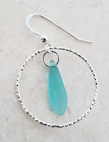 Cultured Sea Glass w/ Diamond Cut Hoop Earring -Turquoise