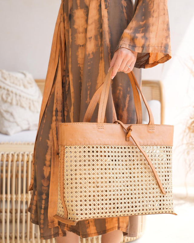 Madison Handwoven Cane /  Leather Tote